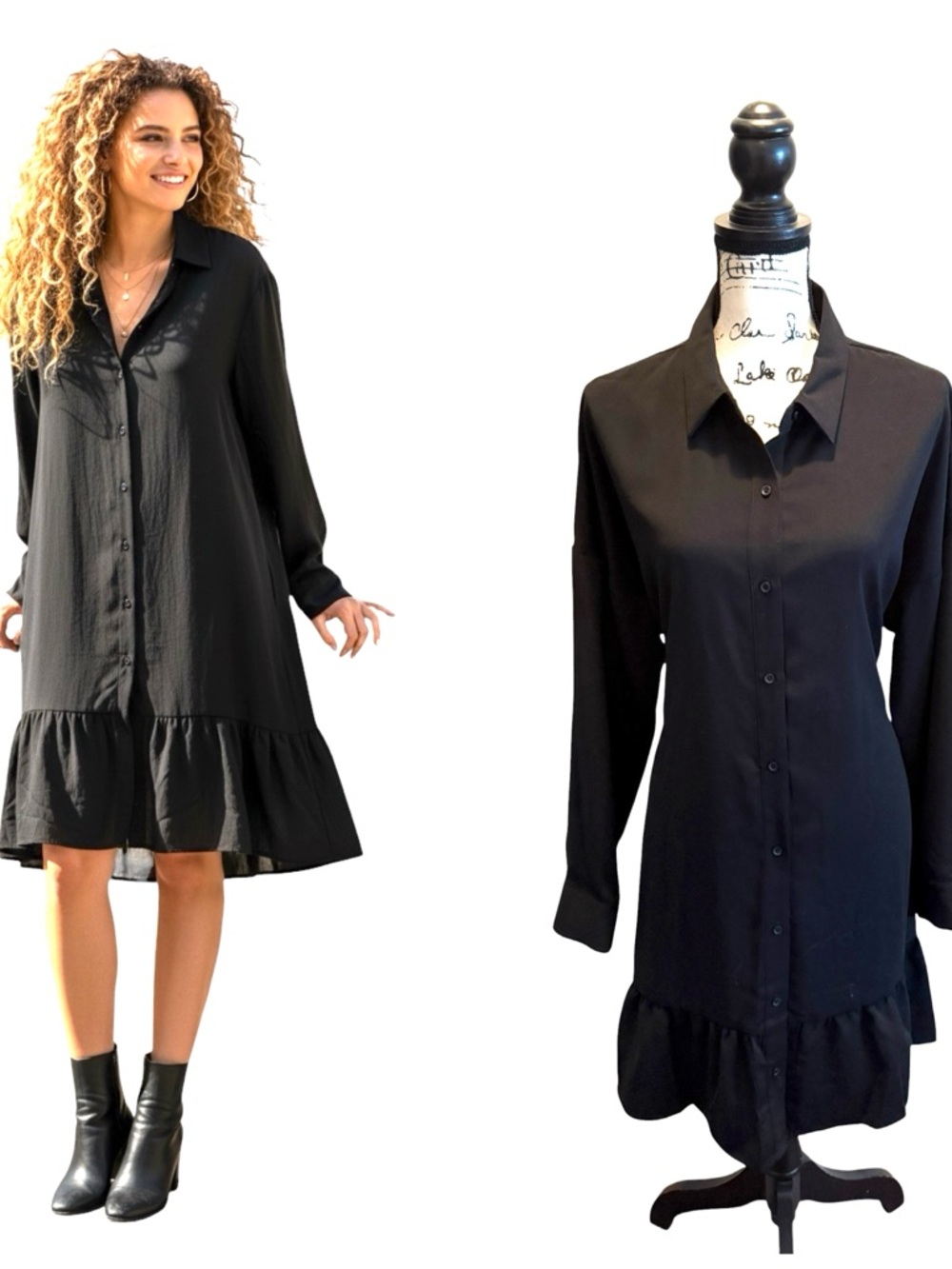 Nine West Classic Black Shirt Dress Tie Waist Ruffle Hem Size XLarge NWOT - Picture 2 of 11